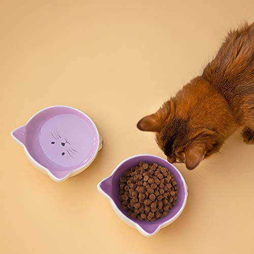 Navaris 2X Cuenco para Mascotas con Forma de Gato - Comedero y Bebedero Doble de cerámica para Perros o Gatos - Inclinados y Antideslizantes - Morado