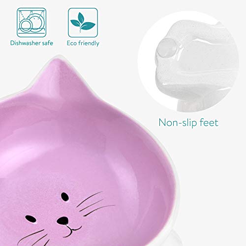 Navaris 2X Cuenco para Mascotas con Forma de Gato - Comedero y Bebedero Doble de cerámica para Perros o Gatos - Inclinados y Antideslizantes - Morado