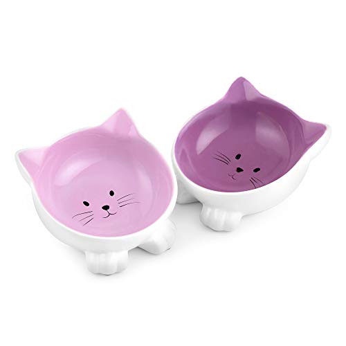 Navaris 2X Cuenco para Mascotas con Forma de Gato - Comedero y Bebedero Doble de cerámica para Perros o Gatos - Inclinados y Antideslizantes - Morado