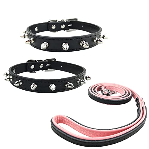 Newtensina 3 Piezas Tachonado Grano de cocodrilo y Negro Puro Collar de Cachorro y Correa Collar de Perro con Pinchos para Perros Gatos