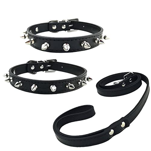 Newtensina 3 Piezas Tachonado Grano de cocodrilo y Negro Puro Collar de Cachorro y Correa Collar de Perro con Pinchos para Perros Gatos