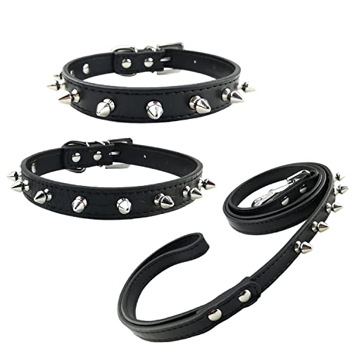 Newtensina 3 Piezas Tachonado Grano de cocodrilo y Negro Puro Collar de Cachorro y Correa Collar de Perro con Pinchos para Perros Gatos