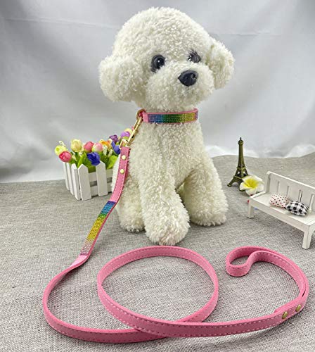Newtensina 3 Piezas Vistoso Diamante Collar de Perro y Correa Arco Iris Coloreado Collar de Cachorro con Correos para Perros Pequeños - PinkBlack - M