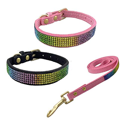 Newtensina 3 Piezas Vistoso Diamante Collar de Perro y Correa Arco Iris Coloreado Collar de Cachorro con Correos para Perros Pequeños - PinkBlack - M
