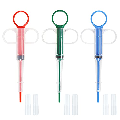Nifocc Dispensador de pastillas de plástico para mascotas, jeringuilla para pastillas, con punta suave, para gatos y perros, rojo, azul y verde, 3 unidades