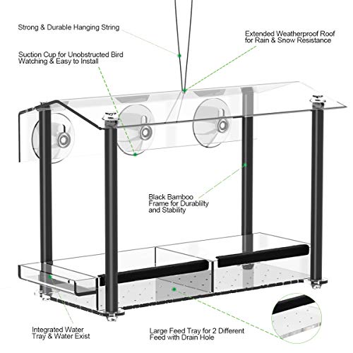 NIUXX Comedero para Pájaros Colgante de Exterior, Comedero Pajaros Transparente de Acrílico, Comedero Pájaros para Ventana con 3 Ventosas Fuertes, Casa de Pájaros para Loros Palomas y Pinzones, Negro