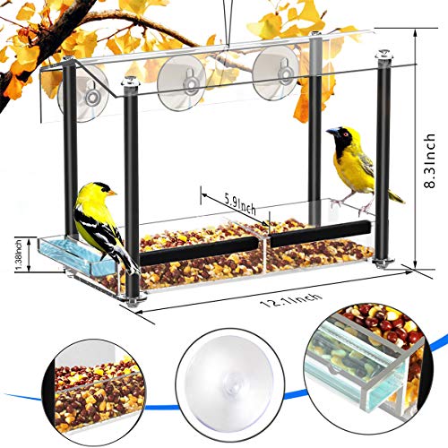 NIUXX Comedero para Pájaros Colgante de Exterior, Comedero Pajaros Transparente de Acrílico, Comedero Pájaros para Ventana con 3 Ventosas Fuertes, Casa de Pájaros para Loros Palomas y Pinzones, Negro