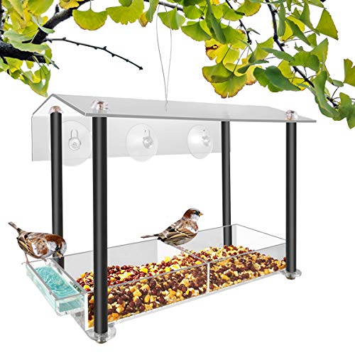 NIUXX Comedero para Pájaros Colgante de Exterior, Comedero Pajaros Transparente de Acrílico, Comedero Pájaros para Ventana con 3 Ventosas Fuertes, Casa de Pájaros para Loros Palomas y Pinzones, Negro