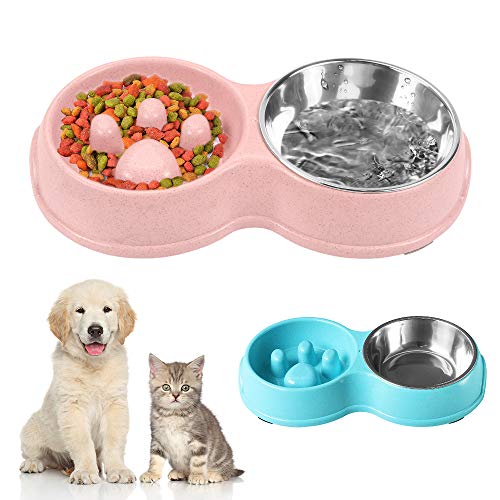 O-Kinee Comedero para Perro, Inoxidable Comedero para Gatos Perros, Dog Bowl Slow Eating, Comedero Gato, Alimentación Lenta, Antideslizante Alimentacion Plato Cuenco Doble, para Perros y Gatos Comida