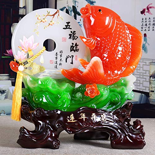 Offic Decor - Estatua de pez Feng Shui, decoración de oficina en casa, decoración de mesa, adornos para la riqueza y el éxito, regalos de la buena suerte, estatua de pez dorado hecha a mano, estanterí