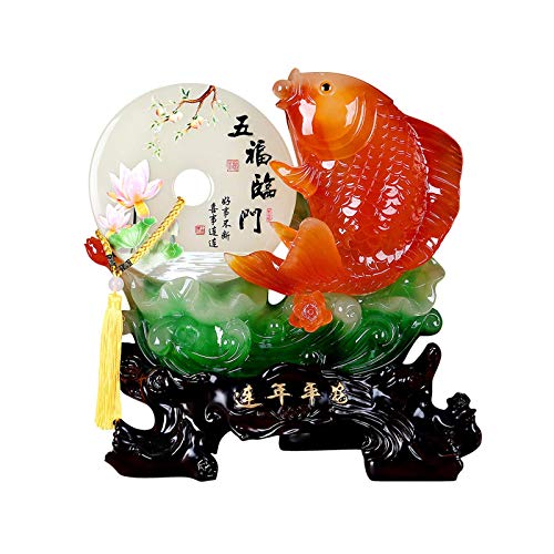 Offic Decor - Estatua de pez Feng Shui, decoración de oficina en casa, decoración de mesa, adornos para la riqueza y el éxito, regalos de la buena suerte, estatua de pez dorado hecha a mano, estanterí