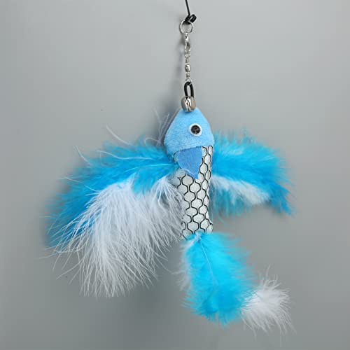 OKAT Pluma de Gato Divertida, Varita de Pluma de Gato reemplazable Alambre de Acero Interactivo de Mano para Gatos Pez Volador Azul