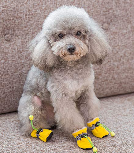 OMEM Botas de lluvia impermeables para cachorros, un conjunto de 4 botas para mascotas, zapatos impermeables de tela suave para perros (XXS, amarillo)