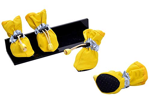 OMEM Botas de lluvia impermeables para cachorros, un conjunto de 4 botas para mascotas, zapatos impermeables de tela suave para perros (XXS, amarillo)