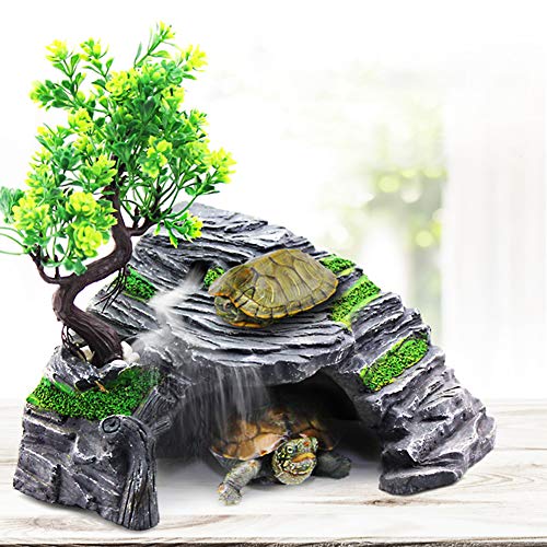 OMEM Reptil Box Refugio Terrario Escondite Cuevas Tortuga Plataforma para Tomar el Sol Decoración de Hábitat Humidificar Ocultar Cueva Resina Roca (XL)