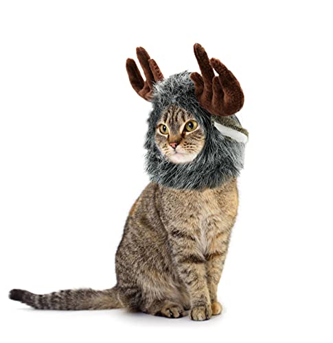 Onmygogo Peluca de melena de león para gatos y perros, divertidos disfraces de gato para Halloween Navidad, accesorios de ropa para mascotas (M, reno)
