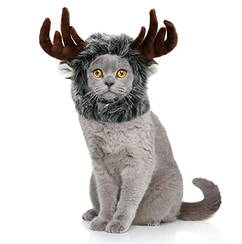 Onmygogo Peluca de melena de león para gatos y perros, divertidos disfraces de gato para Halloween Navidad, accesorios de ropa para mascotas (M, reno)