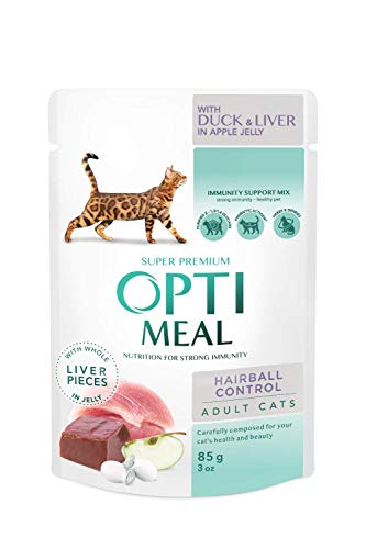 Optimeal. Alimento húmedo para gatos adultos – Control de pelo – Pato y hígado en gelatina de manzana, caja (12 x 85 g)