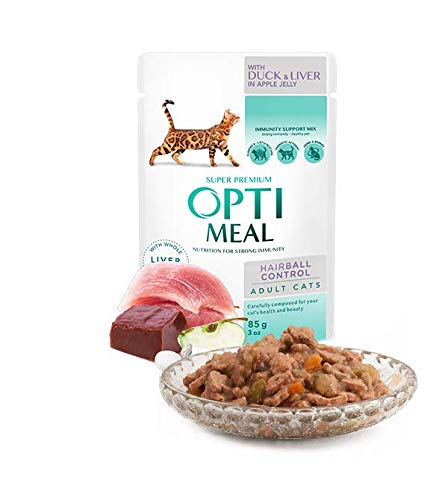Optimeal. Alimento húmedo para gatos adultos – Control de pelo – Pato y hígado en gelatina de manzana, caja (12 x 85 g)