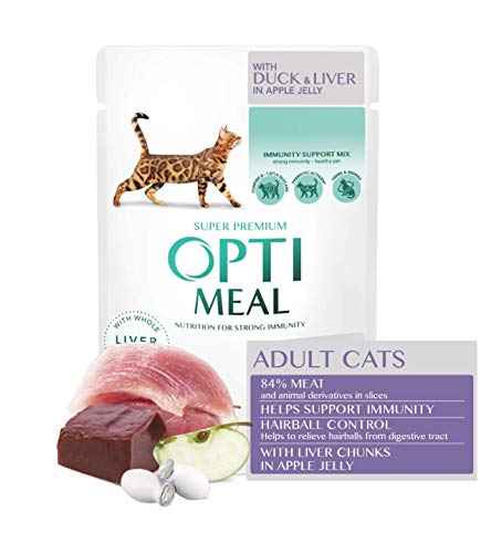 Optimeal. Alimento húmedo para gatos adultos – Control de pelo – Pato y hígado en gelatina de manzana, caja (12 x 85 g)