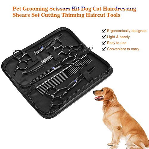 Oumefar Kit de Tijeras de Aseo de Mascotas de Acero Inoxidable 7 en 1 Tijeras de peluquería para Gatos Herramientas de Corte de Pelo para Adelgazamiento de Corte de Mascotas