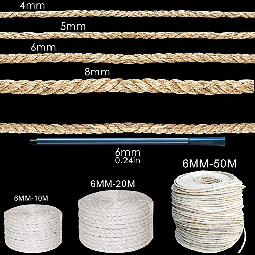 O'woda Natural Cuerda de Sisal Gatos 6mm, para Reemplazo Árbol Rascador para Gatos, Accesorios de Bricolaje Manualidades (Natural, 50M)