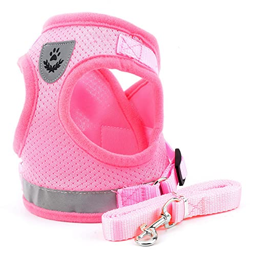 PAIDEFUL Arnés de Malla Suave para Perros Pequeños Reflexivo Gatos Chaleco Acolchado para Cachorros Niñas Niños Correa Ajustable Correa para Gatito Caminar Chihuahua Yorkie Rosado XS