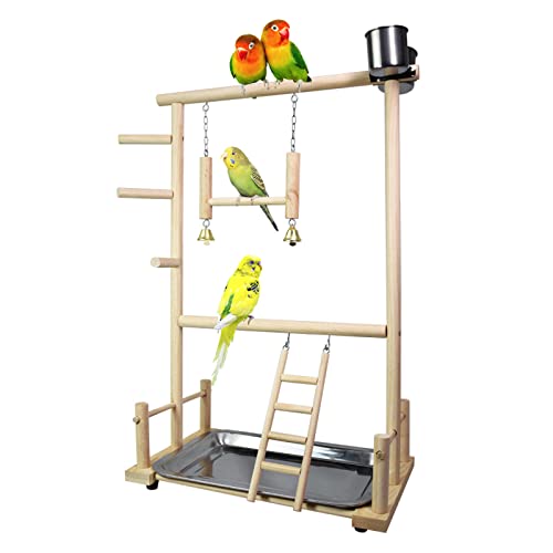 Parrot Bird Playground,Parrot Playground,Gimnasio de Juego de Ejercicio de Aves de Madera Natural,para Loros Cockatiel Budgie Finch (36 cm * 23 cm * 57 cm)