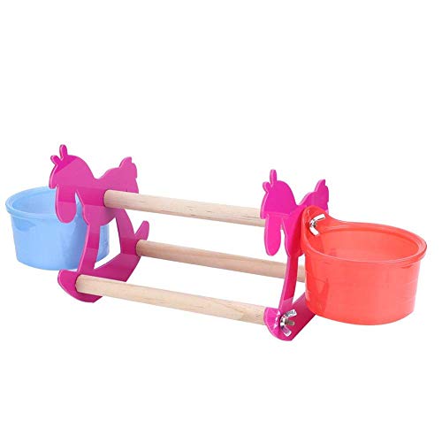 Parrots de mascotas swing acrílico permanente estante, forrajeo de alimentos silla mecedora silla pequeña forma de caballo pájaro mordiendo juguete de masticación con 2 tazas de alimentación lucar