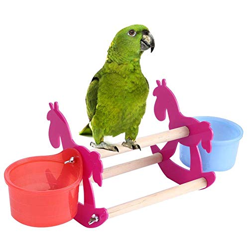 Parrots de mascotas swing acrílico permanente estante, forrajeo de alimentos silla mecedora silla pequeña forma de caballo pájaro mordiendo juguete de masticación con 2 tazas de alimentación lucar