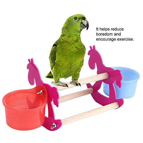 Parrots de mascotas swing acrílico permanente estante, forrajeo de alimentos silla mecedora silla pequeña forma de caballo pájaro mordiendo juguete de masticación con 2 tazas de alimentación lucar