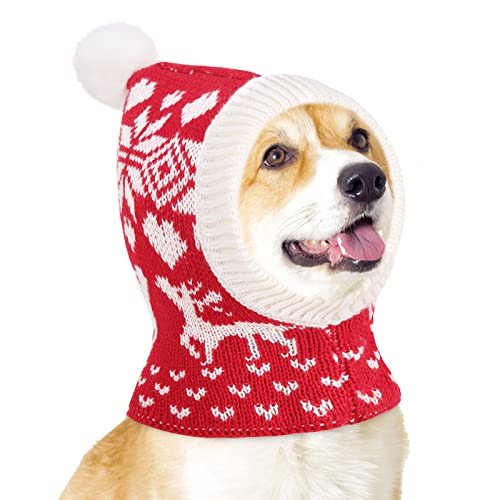 Pawaboo Gorra de Punto para Mascotas, Gorro Navideño para Perros, Gorro Abrigo en Invierno, con Pompón de Ganchillo, como Regalo para Navidad, Adecuado para Gatitos, Cachorros, M, Rojo Navideño