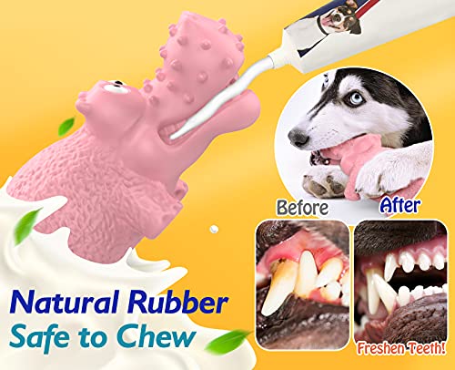 Pawaboo Juguete Masticable para Perros, Juguete Chillido para Cachorros con Forma de Hipopótamo, Herramienta para Limpiar Dientes de Caucho Natural para Perros Medios o Grandes - Rosa