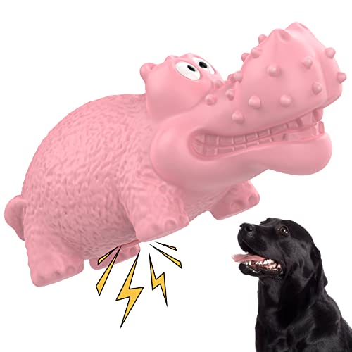 Pawaboo Juguete Masticable para Perros, Juguete Chillido para Cachorros con Forma de Hipopótamo, Herramienta para Limpiar Dientes de Caucho Natural para Perros Medios o Grandes - Rosa