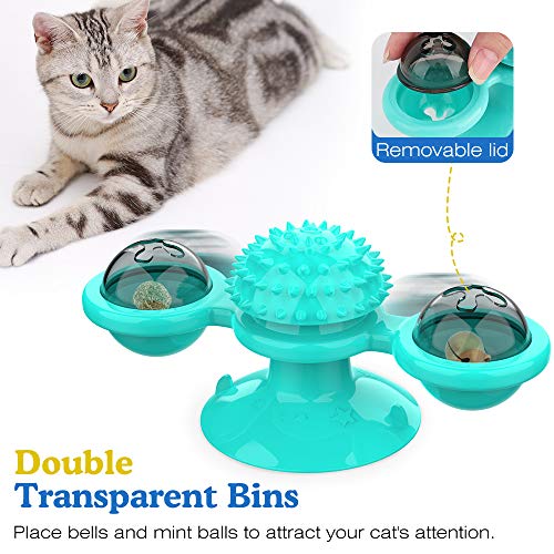 Pawaboo Juguete para Gatos, Giratorio Interactivo para Gatos, Juguetes Mascota Molino de Viento Burlas Rasguño para el Cabello Masaje para Molares con Bolas de Menta - Azul