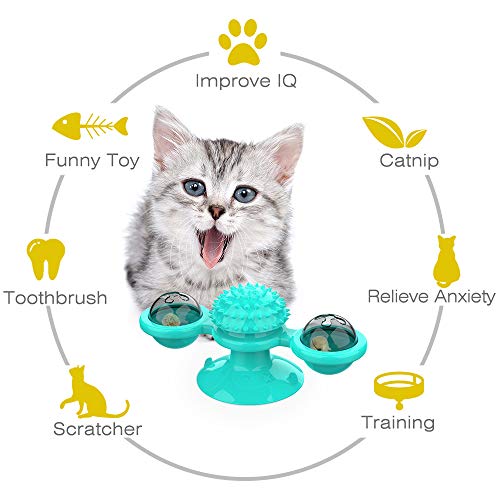 Pawaboo Juguete para Gatos, Giratorio Interactivo para Gatos, Juguetes Mascota Molino de Viento Burlas Rasguño para el Cabello Masaje para Molares con Bolas de Menta - Azul