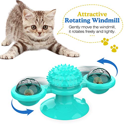Pawaboo Juguete para Gatos, Giratorio Interactivo para Gatos, Juguetes Mascota Molino de Viento Burlas Rasguño para el Cabello Masaje para Molares con Bolas de Menta - Azul