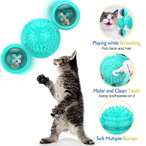 Pawaboo Juguete para Gatos, Giratorio Interactivo para Gatos, Juguetes Mascota Molino de Viento Burlas Rasguño para el Cabello Masaje para Molares con Bolas de Menta - Azul