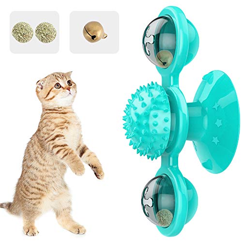 Pawaboo Juguete para Gatos, Giratorio Interactivo para Gatos, Juguetes Mascota Molino de Viento Burlas Rasguño para el Cabello Masaje para Molares con Bolas de Menta - Azul