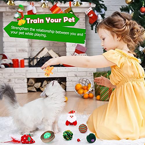 Pawaboo Juguetes Interactivos para Gatos, 8 Piezas Juguetes de Peluche en Calcetines Navideños Incluidos Ratón Campanas Plumas Bolas Varita Pelotas - Rojo