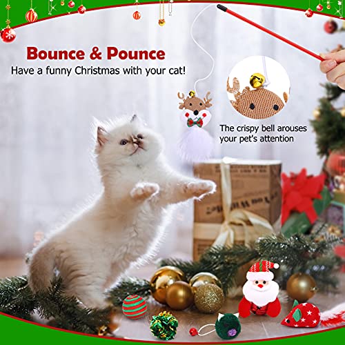 Pawaboo Juguetes Interactivos para Gatos, 8 Piezas Juguetes de Peluche en Calcetines Navideños Incluidos Ratón Campanas Plumas Bolas Varita Pelotas - Rojo