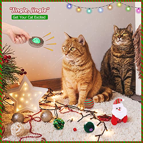 Pawaboo Juguetes Interactivos para Gatos, 8 Piezas Juguetes de Peluche en Calcetines Navideños Incluidos Ratón Campanas Plumas Bolas Varita Pelotas - Rojo