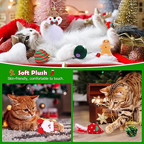 Pawaboo Juguetes Interactivos para Gatos, 8 Piezas Juguetes de Peluche en Calcetines Navideños Incluidos Ratón Campanas Plumas Bolas Varita Pelotas - Rojo