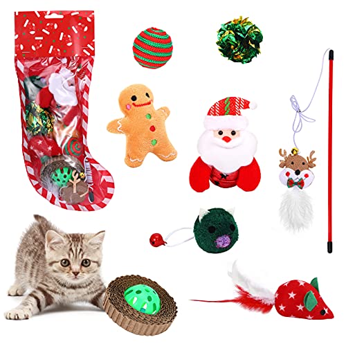 Pawaboo Juguetes Interactivos para Gatos, 8 Piezas Juguetes de Peluche en Calcetines Navideños Incluidos Ratón Campanas Plumas Bolas Varita Pelotas - Rojo
