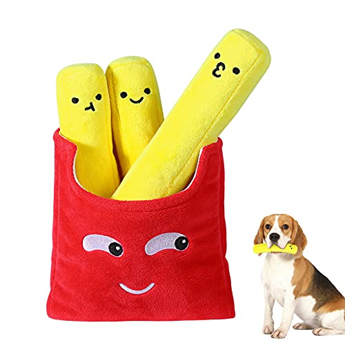 Pawaboo Juguetes Masticables para Perro, Juguetes Interactivos de Peluche para Mascotas en Forma de Papas Fritas, Entrenamiento Interactivo para Perros Pequeños y Medianos - Rojo y Amarillo