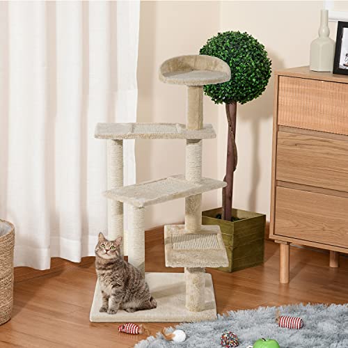PawHut Árbol para Gato Rascador Poste para Arañar con Cama Plataforma con Manta de Sisal 50x50x100cm Terciopelo Beige