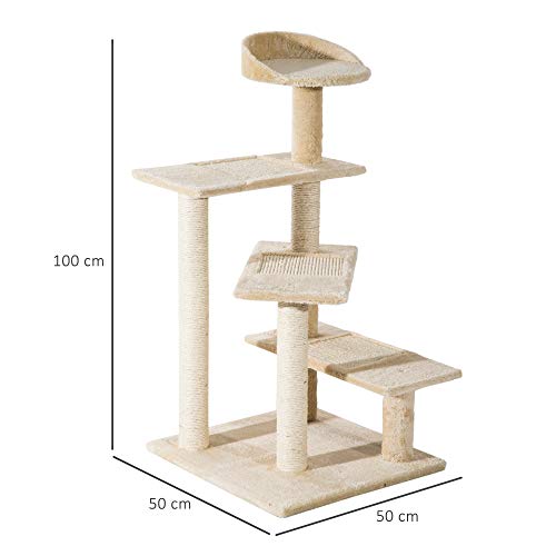 PawHut Árbol para Gato Rascador Poste para Arañar con Cama Plataforma con Manta de Sisal 50x50x100cm Terciopelo Beige