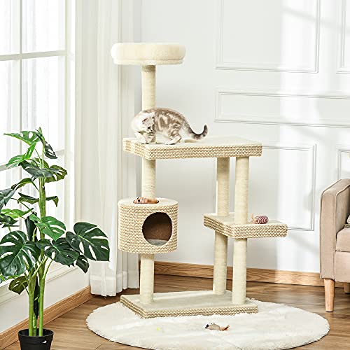 Pawhut Árbol para Gatos Grandes de 135 cm con Cueva Múltiples Plataformas y Postes Rascadores de Sisal para Descansar y Jugar 60x40x135 cm Beige