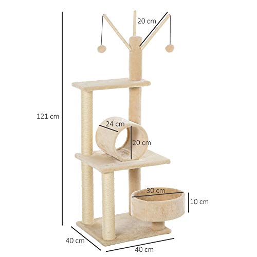 Pawhut Árbol para Gatos Torre de Escalada Divertido con Cama Redonda Suave Postes Rascadores de Sisal Natural Túnel Juguetes Colgantes 40x40x121 cm Beige