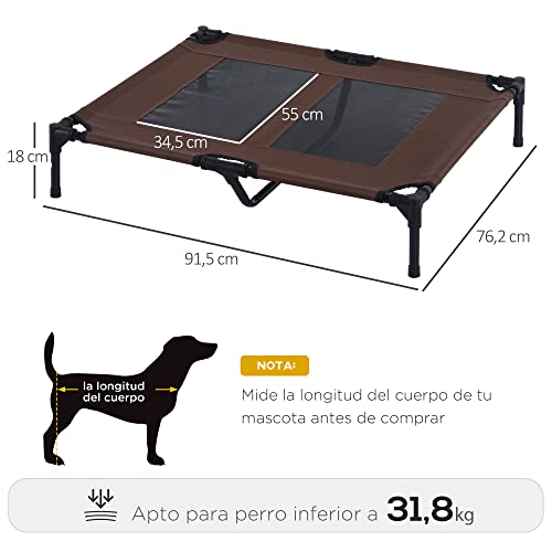 PawHut Cama Elevada para Perros Cama de Mascotas con Malla Transpirable y Tela Oxford para Exterior Interior Aire Libre Jardín Terraza 91,5x76,2x18 cm Marrón